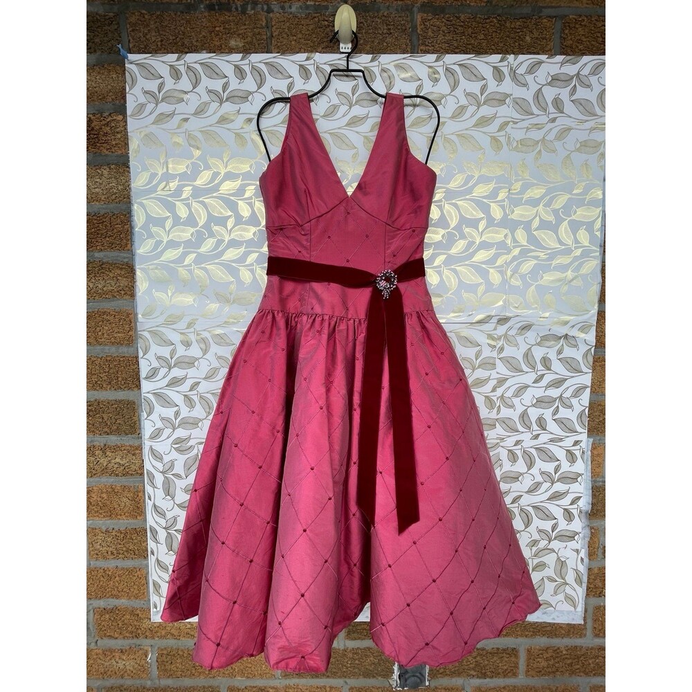 Elena do Vale Vintage Pink Quilted Silk Dress Velvet Bow Brooch Coquette 50s
